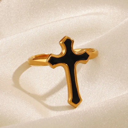 18k Gold Plated Black Cross Adjustable Ring Stainless Steel