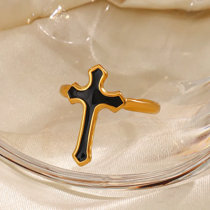 18k Gold Plated Black Cross Adjustable Ring Stainless Steel