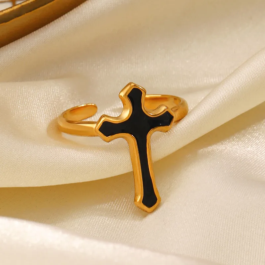 18k Gold Plated Black Cross Adjustable Ring Stainless Steel