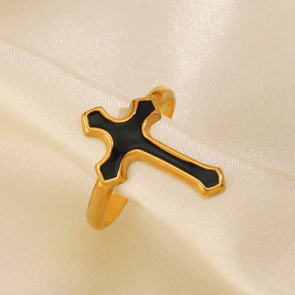 18k Gold Plated Black Cross Adjustable Ring Stainless Steel