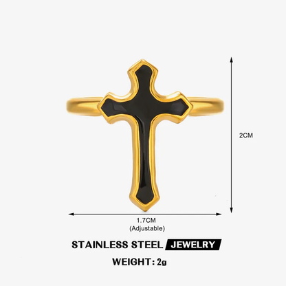 18k Gold Plated Black Cross Adjustable Ring Stainless Steel