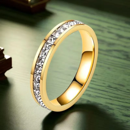 18K Gold Plated Classic Paved Zircon Ring Stainless Steel