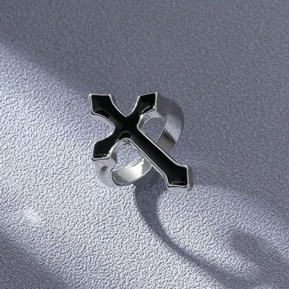 Silver Plated Black Cross Open Ring Stainless Steel