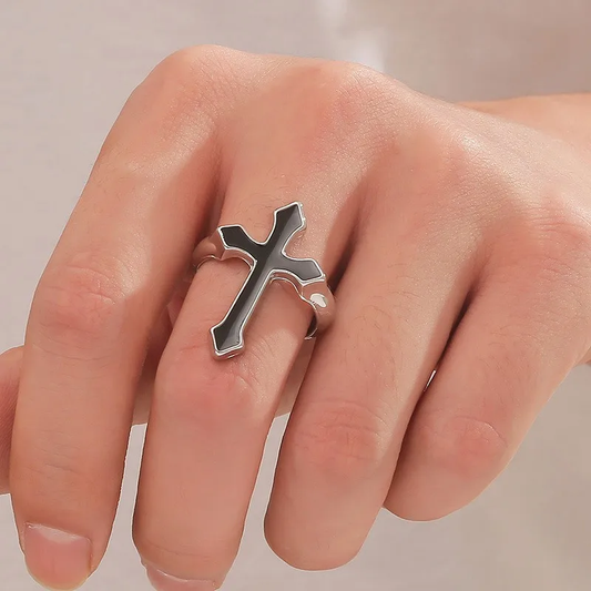 Silver Plated Black Cross Open Ring Stainless Steel