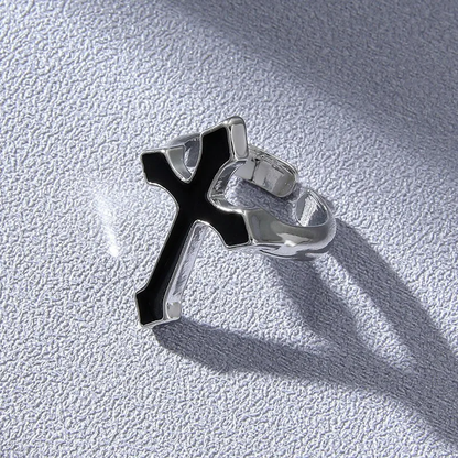Silver Plated Black Cross Open Ring Stainless Steel