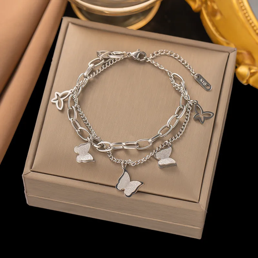 Silver Plated Sparkling Butterfly Chain Bracelet Stainless Steel