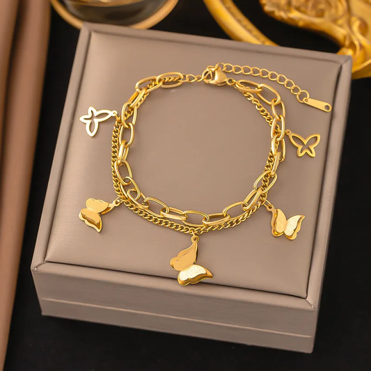 18K Gold Plated Sparkling Butterfly Chain Bracelet Stainless Steel