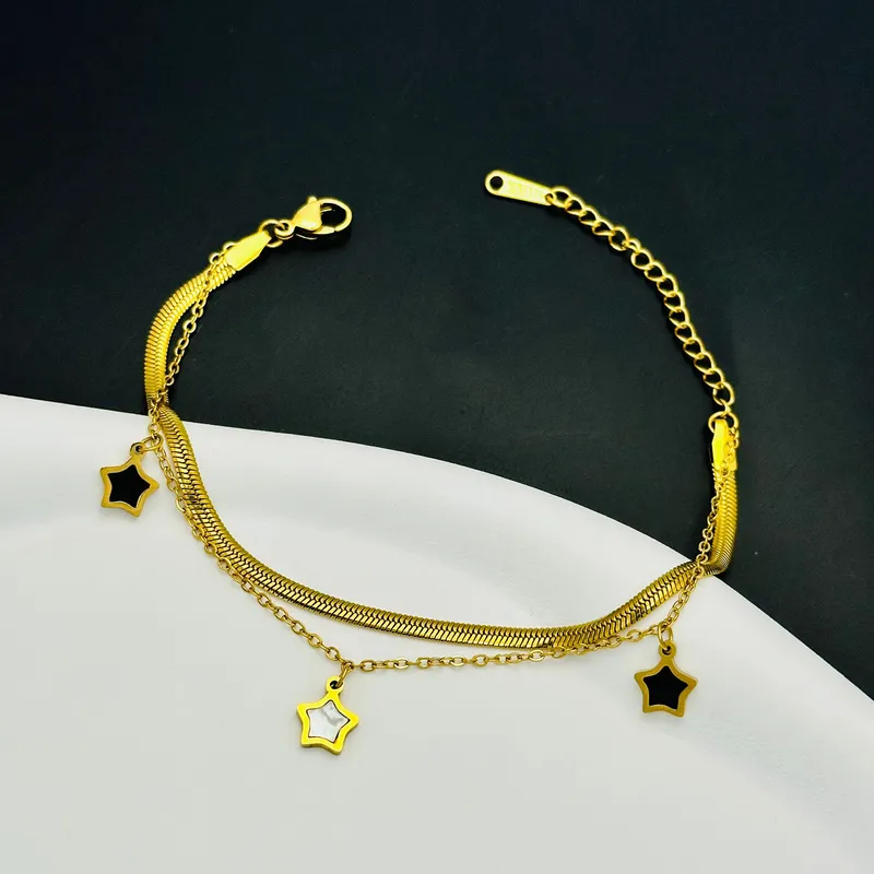 Black White Star Charm Layered Bracelet 18K Gold Plated Stainless Steel