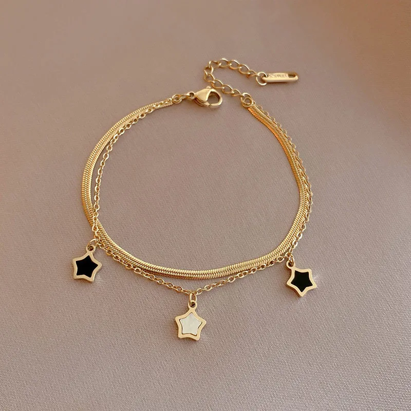 Black White Star Charm Layered Bracelet 18K Gold Plated Stainless Steel