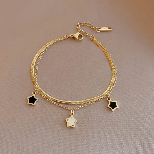 Black White Star Charm Layered Bracelet 18K Gold Plated Stainless Steel