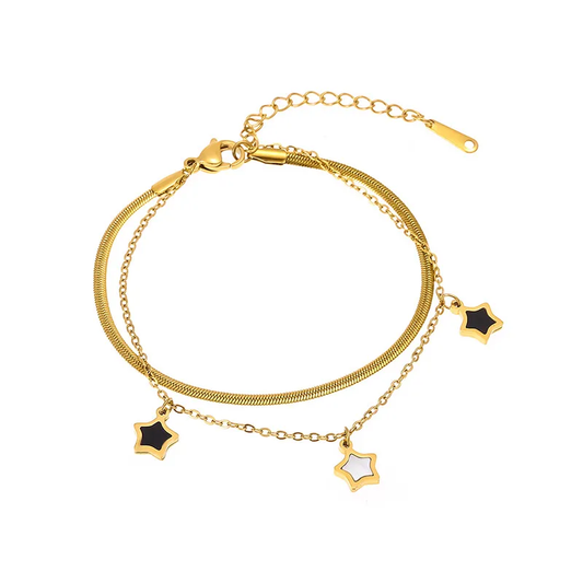 Black White Star Charm Layered Bracelet 18K Gold Plated Stainless Steel