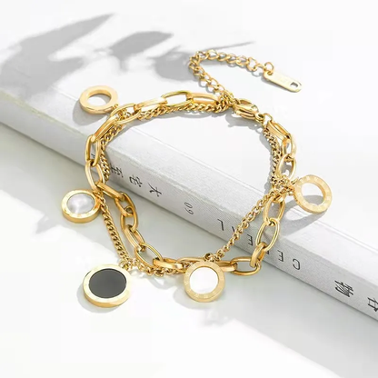 18K Gold Plated Roman Numeral Layered Chain Bracelet Stainless Steel