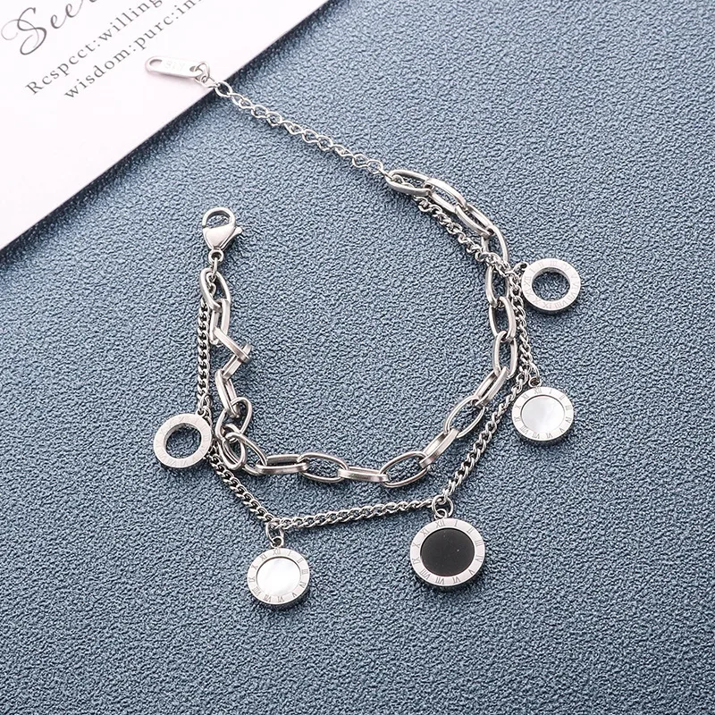 Silver Plated Roman Numeral Layered Chain Bracelet Stainless Steel