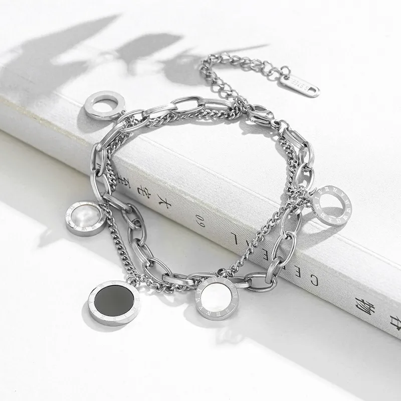 Silver Plated Roman Numeral Layered Chain Bracelet Stainless Steel