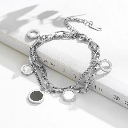 Silver Plated Roman Numeral Layered Chain Bracelet Stainless Steel