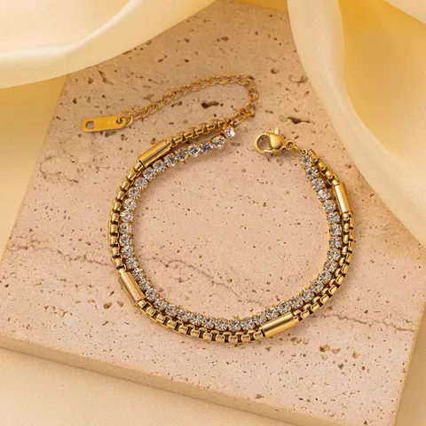 18K Gold Plated Classic Double Layered Zircon Bracelet Stainless Steel