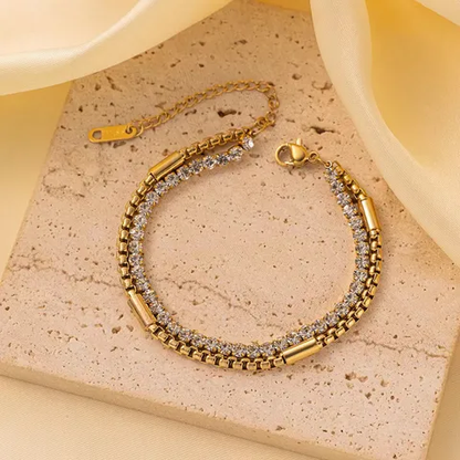 18K Gold Plated Classic Double Layered Zircon Bracelet Stainless Steel