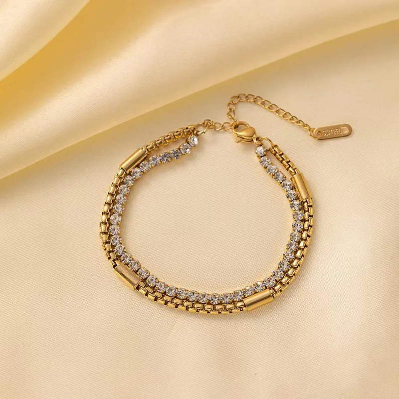 18K Gold Plated Classic Double Layered Zircon Bracelet Stainless Steel