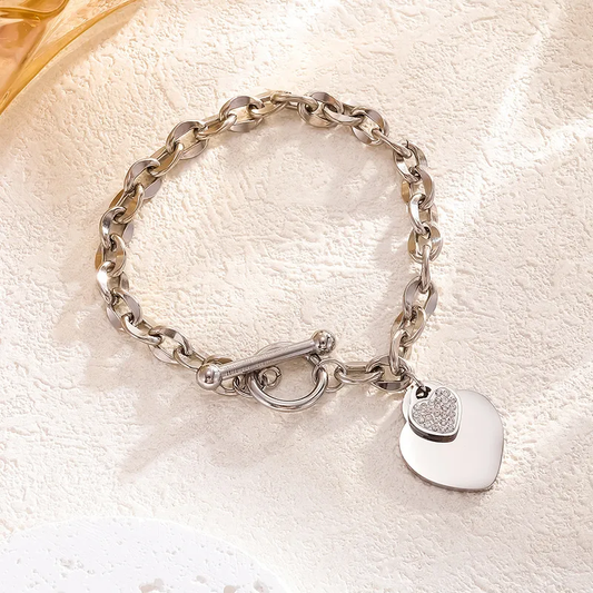 Silver Plated Heart T-Bar Zircon Bracelet Stainless Steel