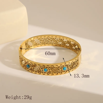 Wide Gold Geometric Design Bangle with Turquoise Stones Tarnish Free Stainless Steel