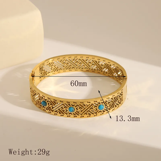 Wide Gold Geometric Design Bangle with Turquoise Stones Tarnish Free Stainless Steel