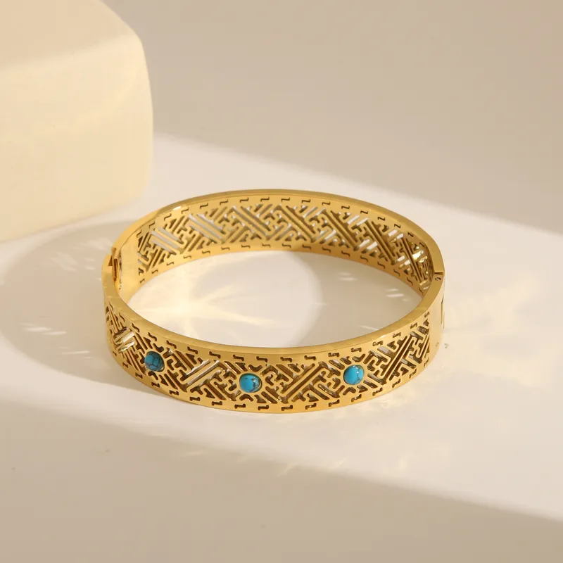 Wide Gold Geometric Design Bangle with Turquoise Stones Tarnish Free Stainless Steel