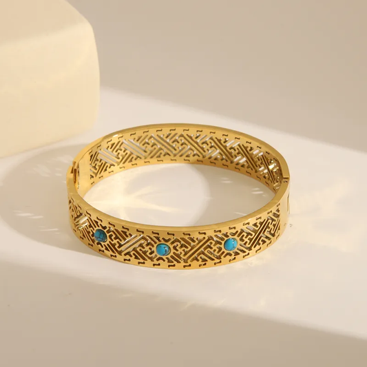 Wide Gold Geometric Design Bangle with Turquoise Stones Tarnish Free Stainless Steel
