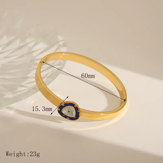 Unique Evil Eye Statement Bangle with Zircon Stones 18K Gold Plated Stainless Steel