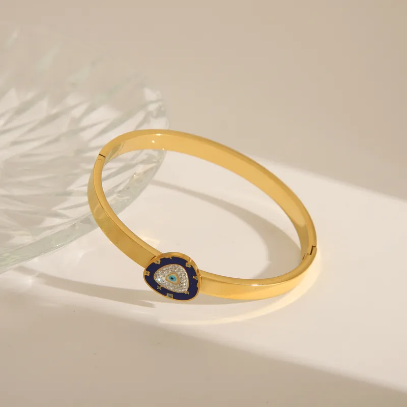 Unique Evil Eye Statement Bangle with Zircon Stones 18K Gold Plated Stainless Steel