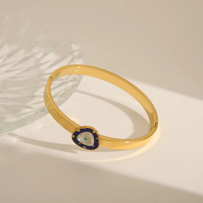 Unique Evil Eye Statement Bangle with Zircon Stones 18K Gold Plated Stainless Steel