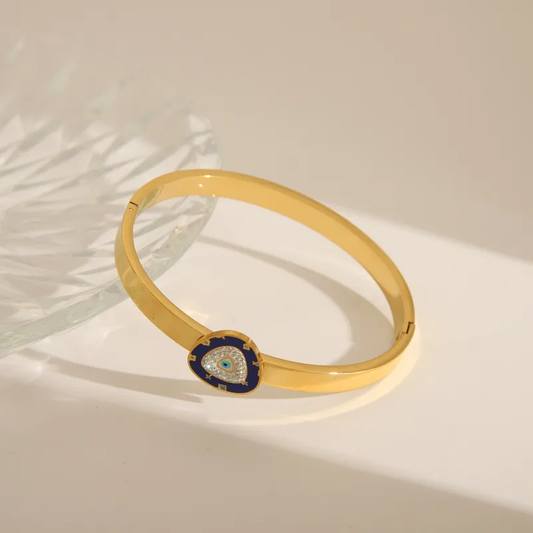 Unique Evil Eye Statement Bangle with Zircon Stones 18K Gold Plated Stainless Steel