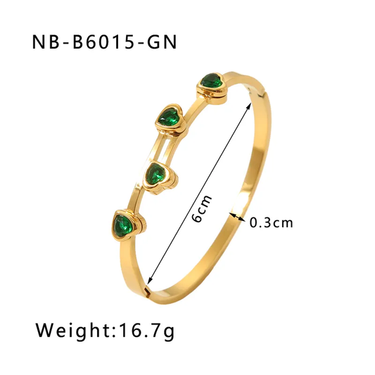 18K Gold Plated Gorgeous Green Heart  Bangle Stainless Steel