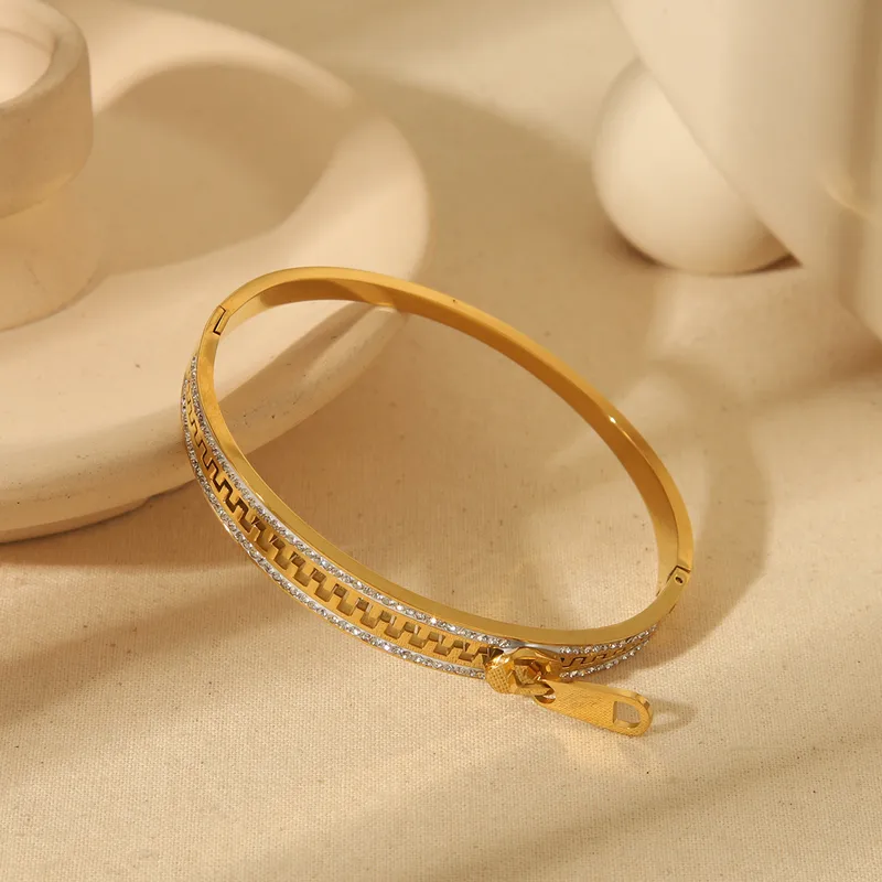 18K Gold Plated Zipper Bangle with CZ Stones Stainless Steel