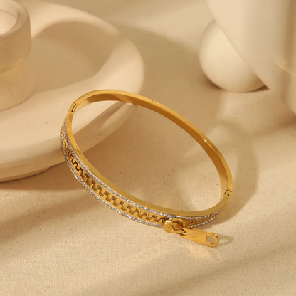 18K Gold Plated Zipper Bangle with CZ Stones Stainless Steel