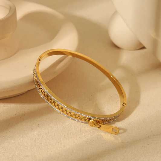 18K Gold Plated Zipper Bangle with CZ Stones Stainless Steel