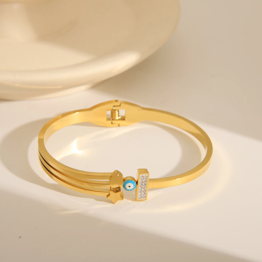 Layered Enamel Evil Eye Bangle 18k Gold Plated Stainless Steel