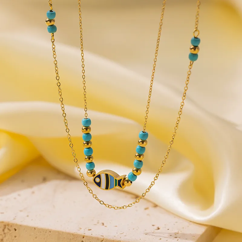 18K Gold Plated Boho Layered Beaded Enamel Fish Pendant Necklace Stainless Steel