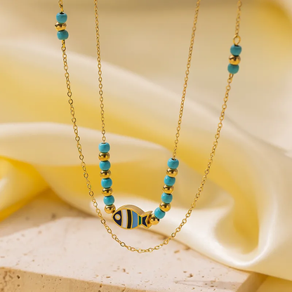 18K Gold Plated Boho Layered Beaded Enamel Fish Pendant Necklace Stainless Steel