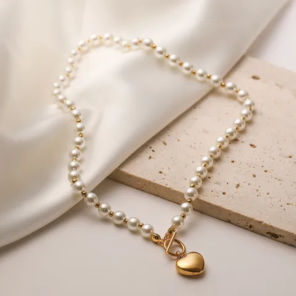18K Gold Plated Heart Pendant Pearl Necklace with OT lock Stainless Steel