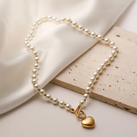 18K Gold Plated Heart Pendant Pearl Necklace with OT lock Stainless Steel