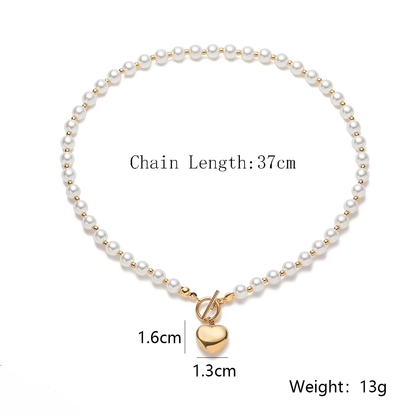 18K Gold Plated Heart Pendant Pearl Necklace with OT lock Stainless Steel