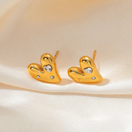 Abstract Heart Zircon Stud Earrings Stainless Steel Gold Plated Hypoallergenic