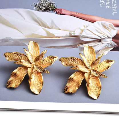 Gold Statement Flower Engraved Earrings Stainless Steel Hypoallergenic Waterproof