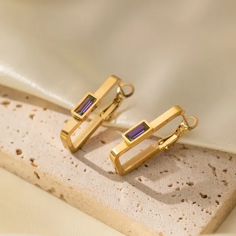 Unique Rectangle Statement Hoop Earrings with Crystal Stone Stainless Steel Hypoallergenic Waterproof