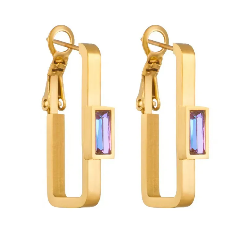 Unique Rectangle Statement Hoop Earrings with Crystal Stone Stainless Steel Hypoallergenic Waterproof
