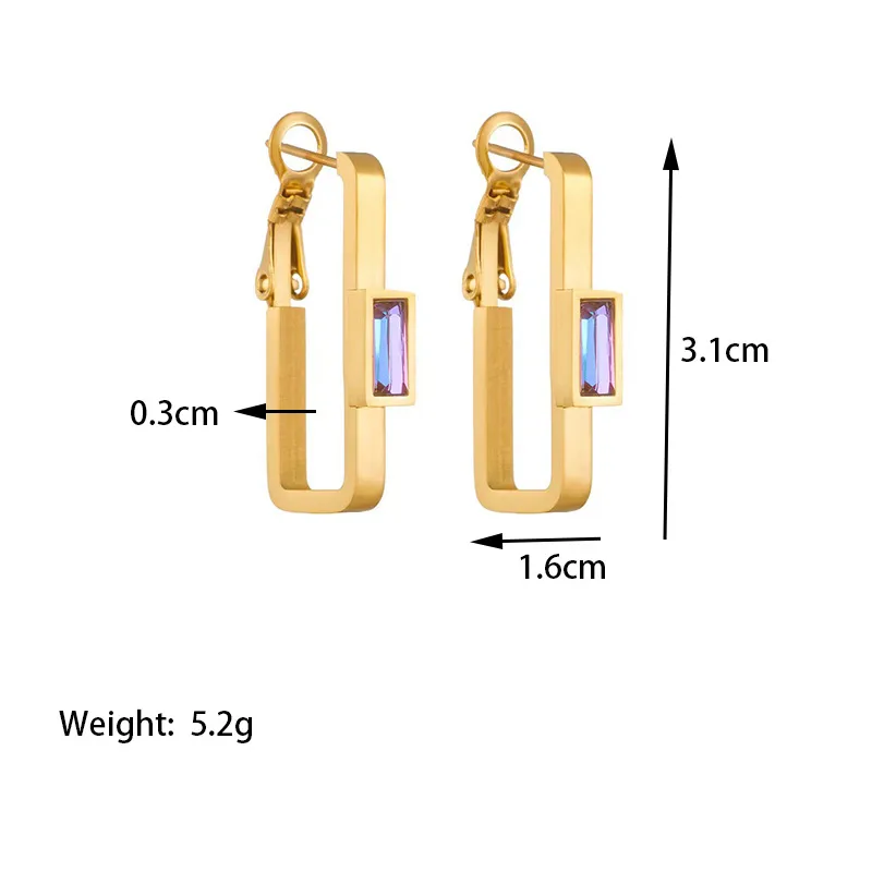 Unique Rectangle Statement Hoop Earrings with Crystal Stone Stainless Steel Hypoallergenic Waterproof