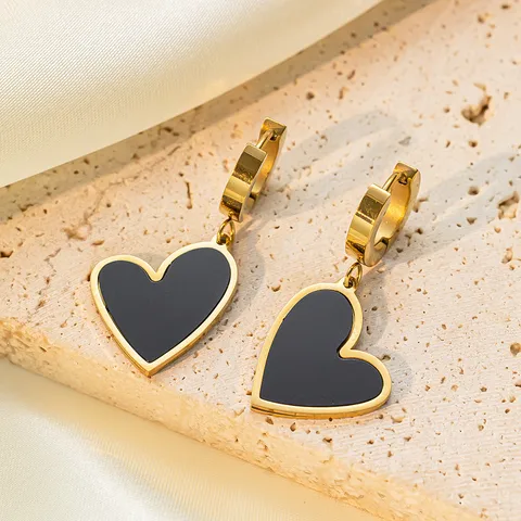 Trending Black Heart Huggie Hoop Drop Earrings Stainless Steel Gold Plated Hypoallergenic