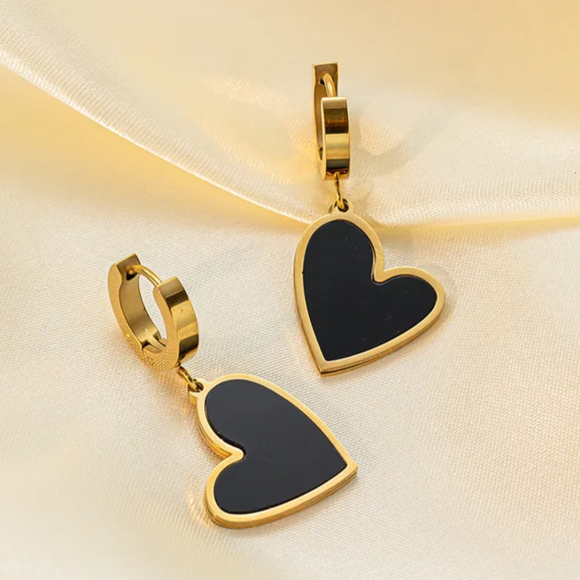 Trending Black Heart Huggie Hoop Drop Earrings Stainless Steel Gold Plated Hypoallergenic