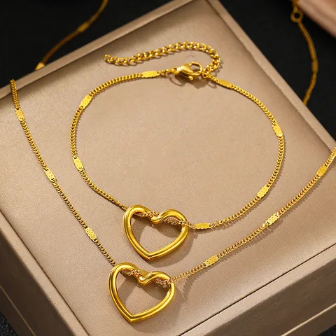 Classic Twisted Heart Pendant Necklace and Dainty Bracelet 18K Gold Plated Tarnish Free Waterproof