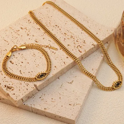 Cable Chain Black Evil Eye Pendant Necklace and Bracelet Hypoallergenic Tarnish Free Waterproof